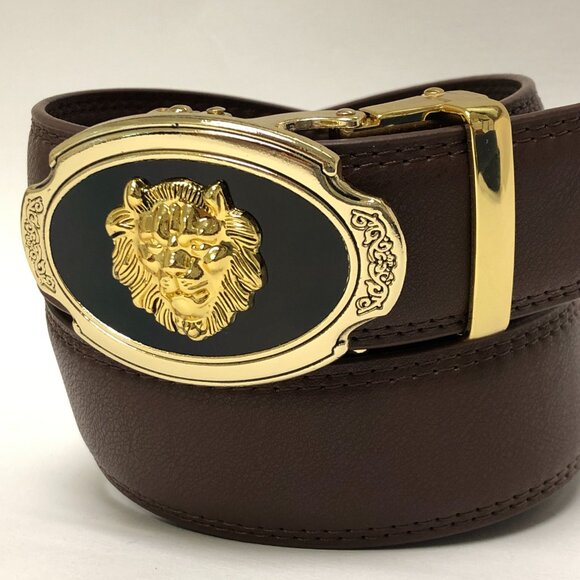 Dark Coffee Belt Automatic Buckle Slide Belts‎ No Hole Strep Ratchet Buckle Gold - Picture 2 of 3